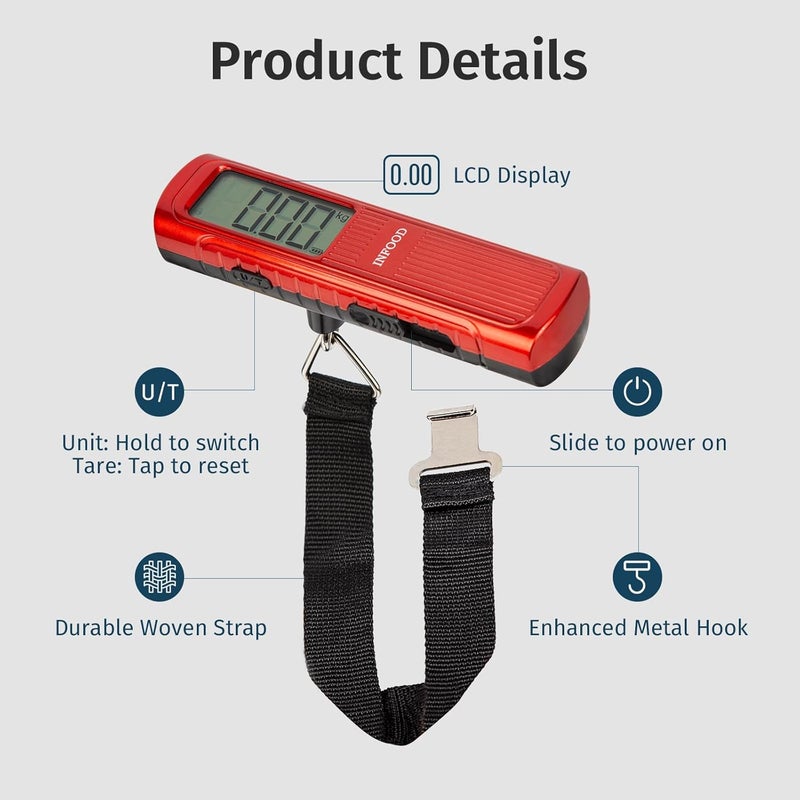 INFOOD Battery-Free Digital Luggage Scale, Suitcase Scale for Travel, Portable Luggage Weight Scale with Hook & LCD Display for Luggages, Packages & Bags, 110lb/50kg Handheld Scale, Red - Image 5